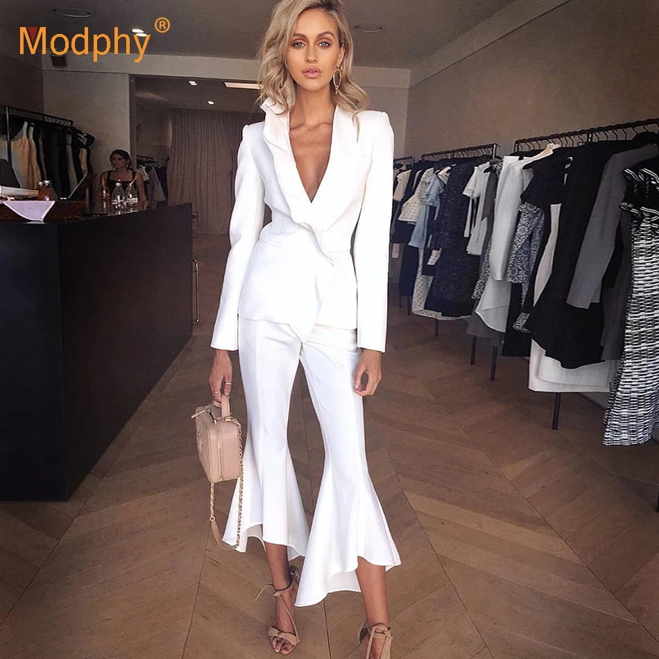 

2019 Spring White Ruffled Women's Set Winter Long Sleeve Jacket & Flare Pants 2 Piece Evening Gown Celebrity Party Women's Set