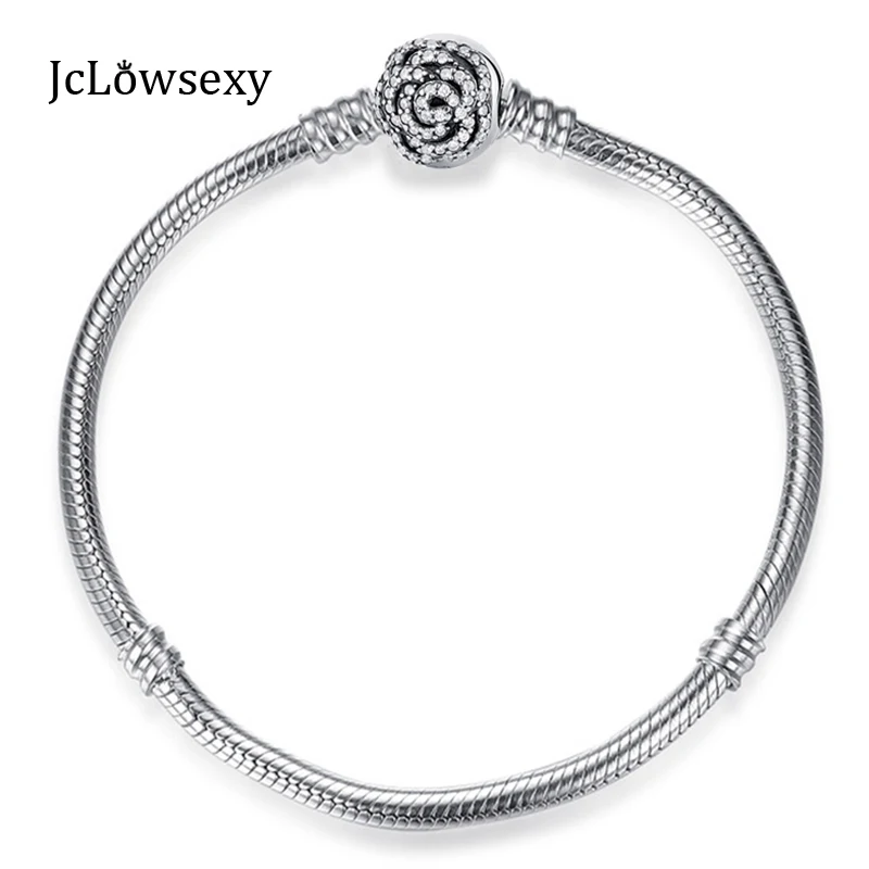 

Authentic 925 Sterling Silver Beauty Beast Crystal Enchanted Rose Clasp Basic Snake Bracelets Fit Pan DIY Charms Jewelry