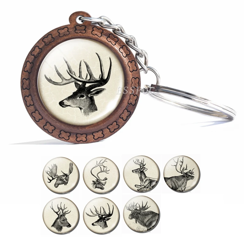 

Vintage Animal Deer Keychain Elk Glass Cabochon Wooden Keychain Fashion Accessories for Women Christmas Gift