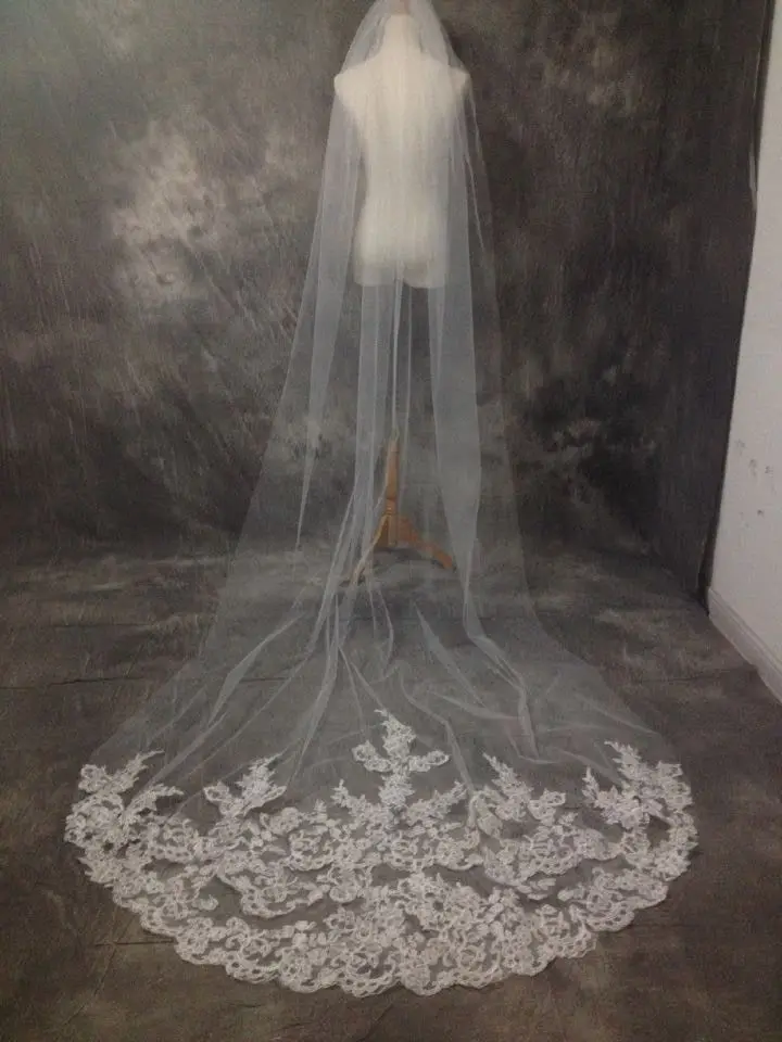 

Wedding Accessories 2019 Lace Appliques Tulle 3 M Long Wedding Veil Lace Edge Bridal Veil with Comb veu de noiva longo