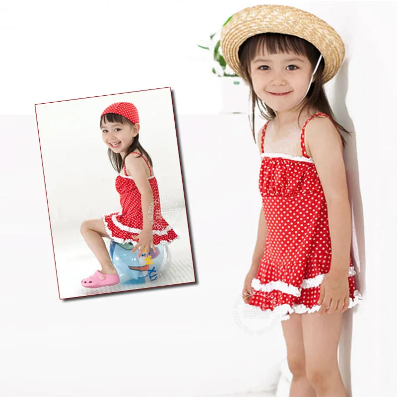 

Direct manufacturers produced South Korean kids baby girls red polka dot skirt suit children dress swimsuits with swimming cap