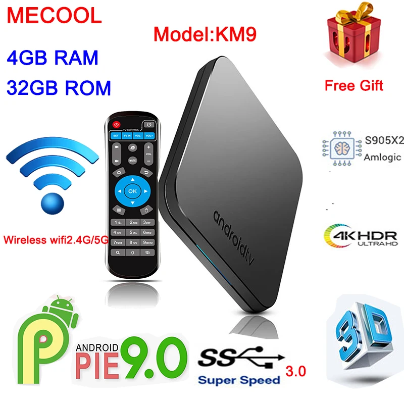

New MECOOL KM9 Android 9.0 Smart TV Box Wireless KeyBoard S905X2 4GB DDR4 RAM 32GB ROM 2.4G5G WiFi BT 4.14K USB 3.0 Media Player