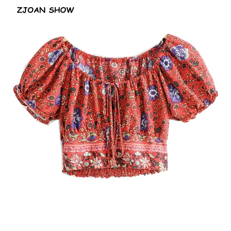 

2019 New Bohemian Lacing up O neck Floral Print Shirt Red Women Short Sleeve Back High Elastic Waist Blouse Casual Tops Blousa