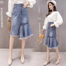 Повседневная джинсовая юбка с завышенной талией Синяя легкая женская потертая юбка-карандаш Сексуальная рваная летняя юбка С 5 Карманами Повседневная