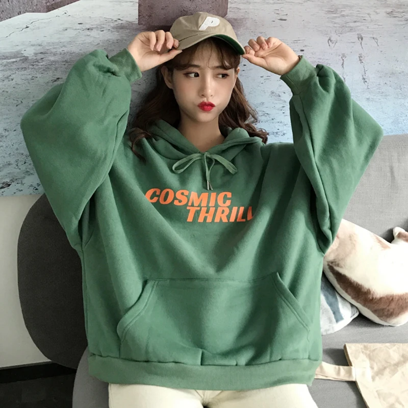 

2 Color Mihoshop Ulzzang Korea Korean Women Fashion Clothing Round Harajuku Punk Letter Print Loose Basic Green Hoodies Chic