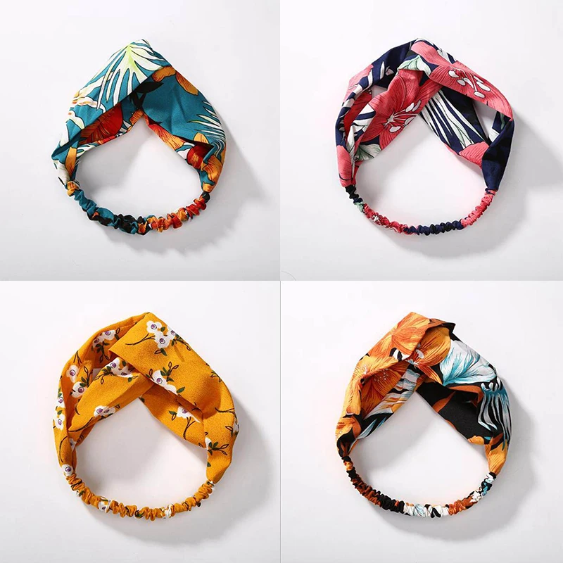 

Summer Boho Headband Flower Print Hair Bands For Women Girls Chiffon Cross Knot Hairband Hair Accessories