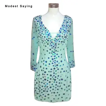 

Luxury Backless Straight V Neck Long Sleeve Party Cocktail Dresses 2017 with Rhinestone Formal Short Mini Party Prom Gowns YC57