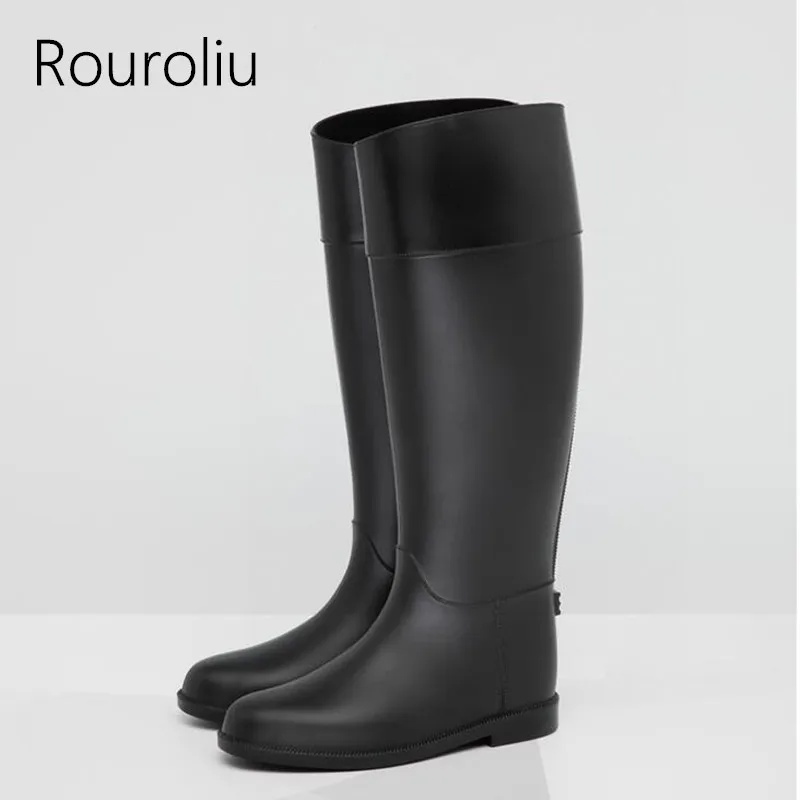 Rouroliu Women Spring Autumn Knee High Rainboots Waterproof Water Shoes