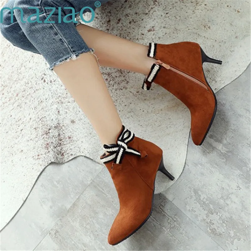 

Women Fashion Ankle Boots Ladies Leather Thin Med Heel Chelsea Boots Pointed Toe Side Zipper Lace Up Short Boots MAZIAO