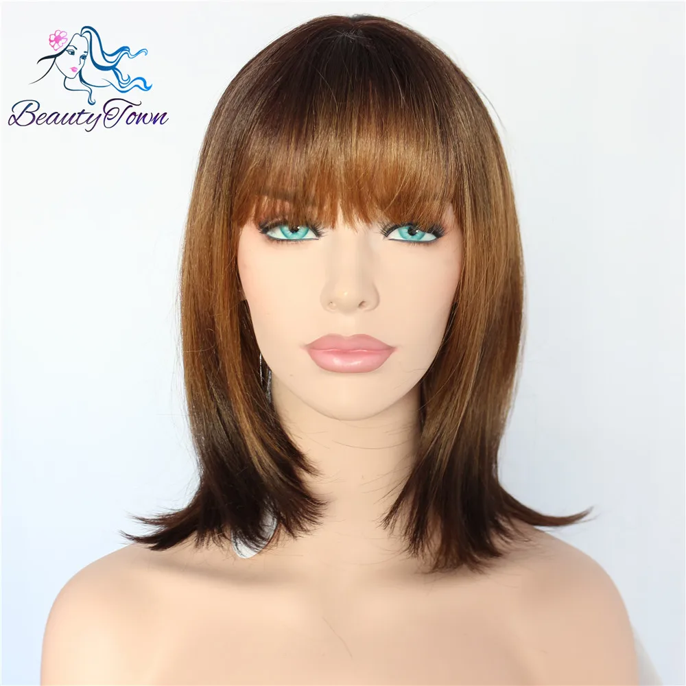

Simulated Scalp Brown Ombre Gold Color 120% Density Heat Resistant Hair Cosplay Party Synthetic Machine Made Daily Women Wigs