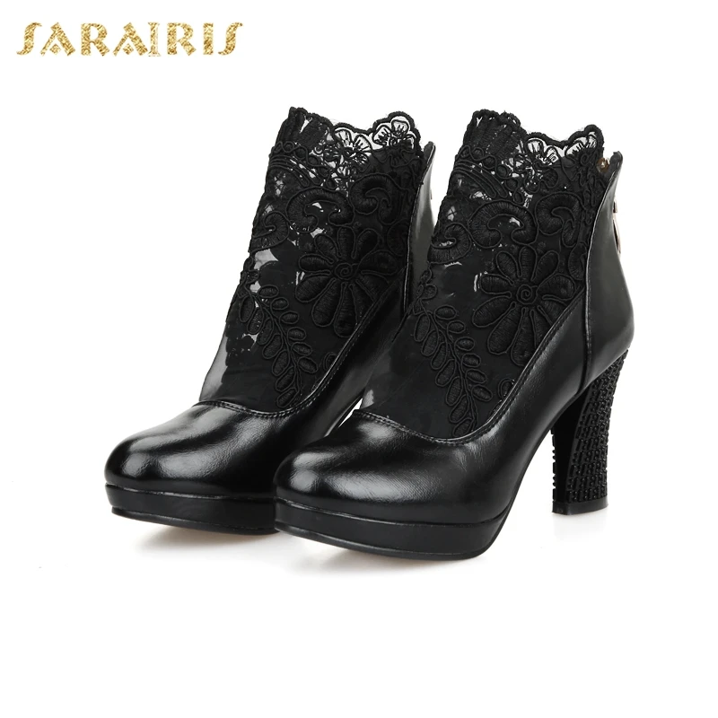 

SARAIRIS Hot Sale Brand New Big Size 48 Sexy Lace Women Shoes Ankle Boots Retro Fashion High Heels Woman Summer Boots Shoes