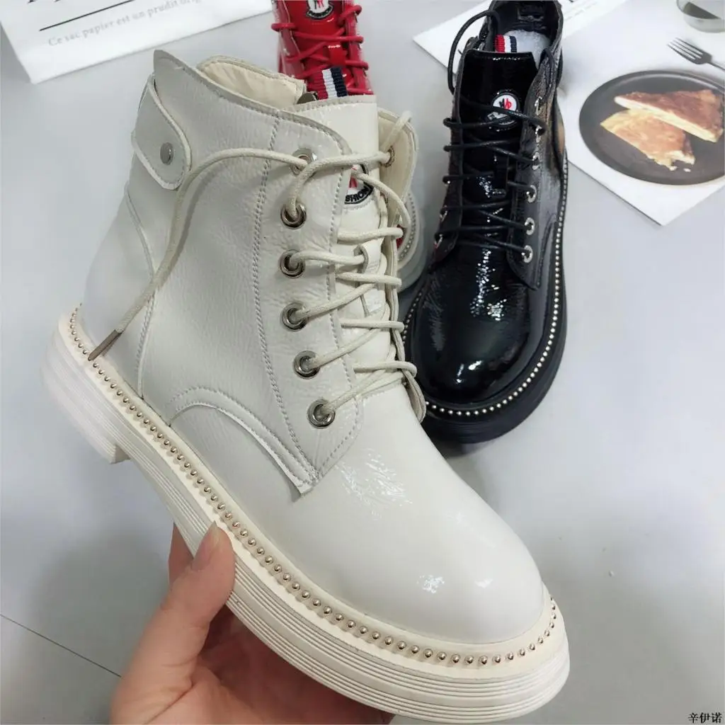 

2018 New Women Ankle Boots Flat Heels Casual Shoes Female Patent Leather Boots School Style For Girls Black Motorcycle