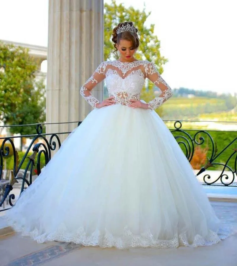 Elegant Ball Gown Long Wedding Dresses Beautiful Lace Long Sleeves See Through Bride Dress vestidos de
