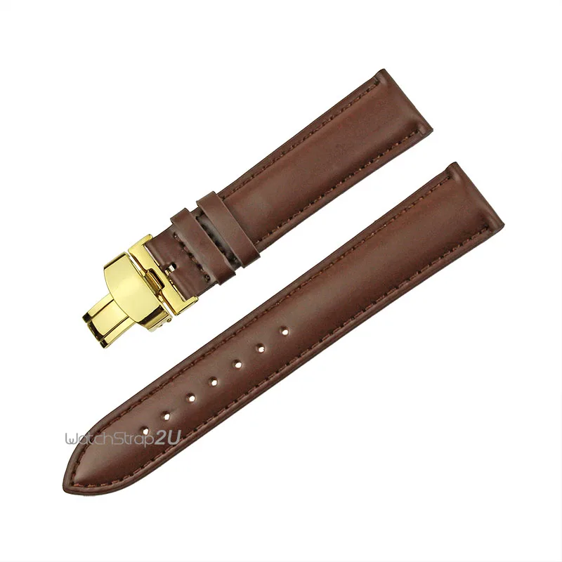 

Brown Smooth Matt Leather Watch Band Strap Gold Butterfly Deployment Clasp 18mm,20mm,22mm,24mm,26mm