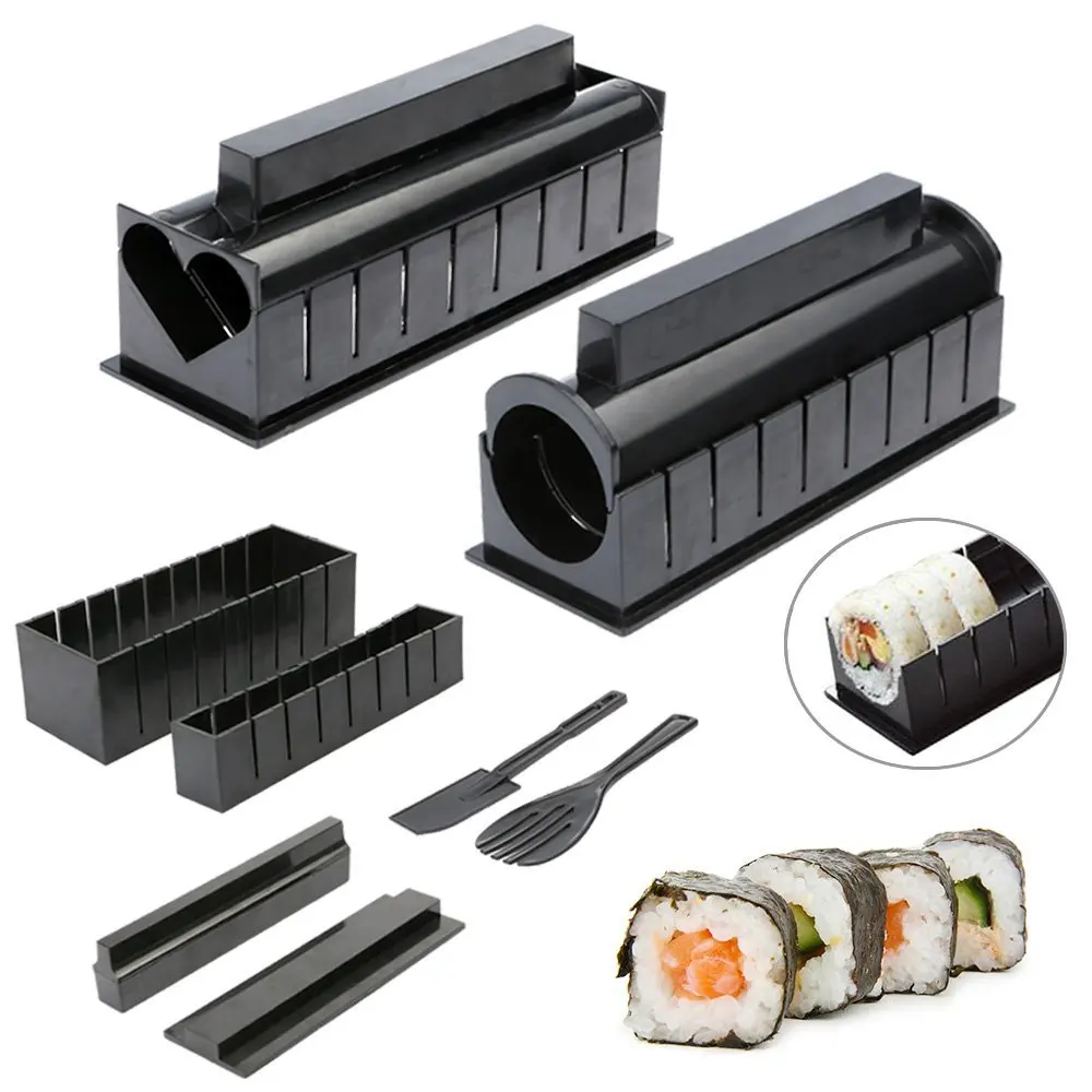 10pcs Pack Sushi Making Kit New DIY Easy Sushi Maker Machine Set Rice Roller Mold Roller Cutter Kitchen Cooking Tools