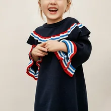 MinibalabalaGirls/Хлопковое платье; Новинка г.; весенняя одежда для маленьких детей в школьном стиле; вязаные хлопковые платья с длинными рукавами