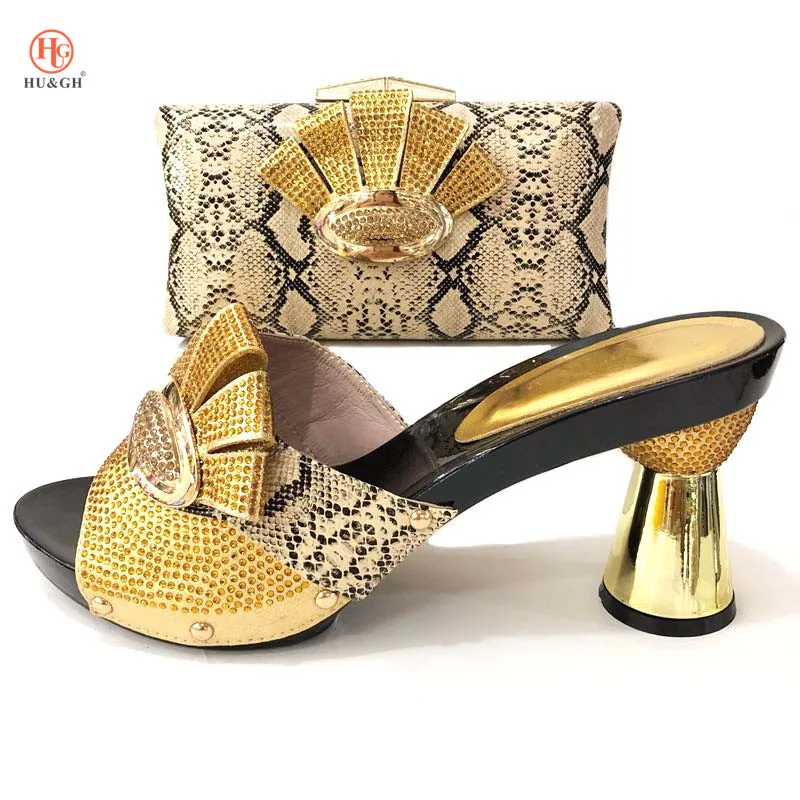 

African Italian Shoes and Bag Set Gold Color Matching Women Shoes and Bag Set Wedding Party Summer Sandal Nigerian Shoes and Bag
