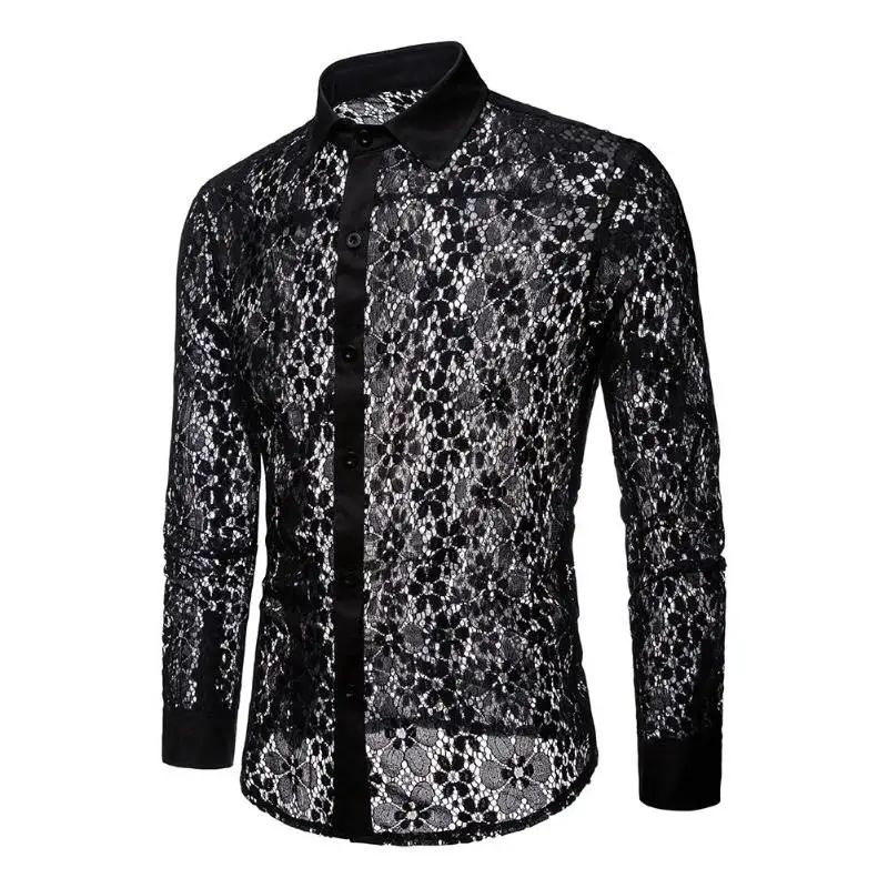 

2018 Transparent Men Lace Shirt Sexy Short Sleeve See Through Lace Shirt Burn Out Mesh Party Prom Marriage Event Shirt