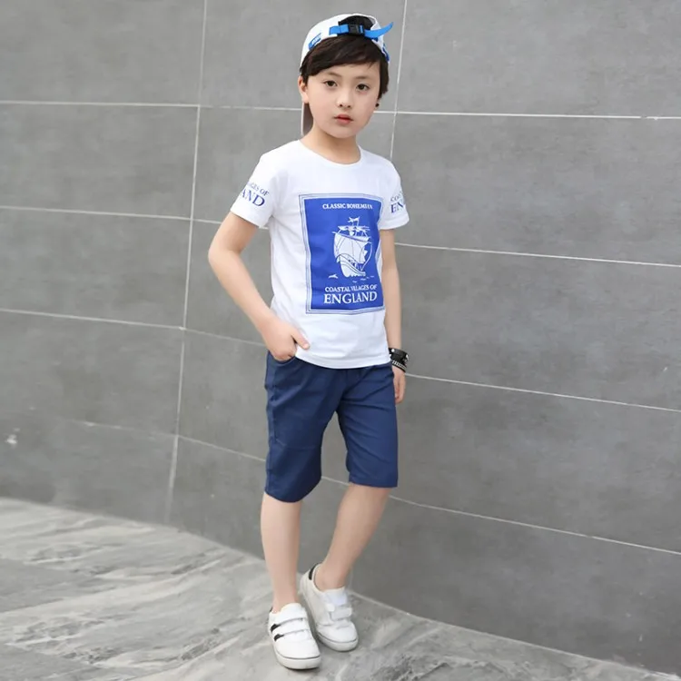 

Children Boys Clothing Set Cotton Summer Navy Blue Red Pullover Boat Print T Shirt Shorts Boy Sports Suit 5-13years Tracksuit