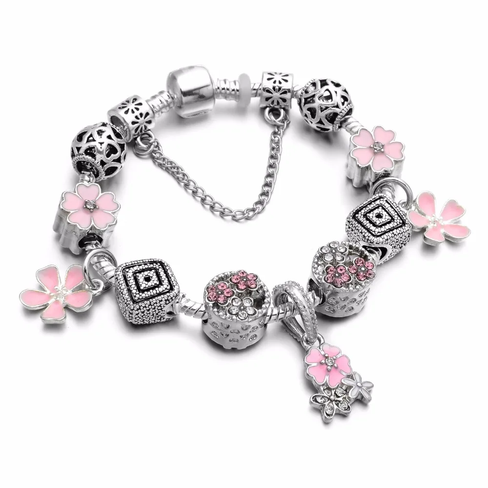 

European Style Vintage Silver plated Crystal Charm Bracelet Women Fit Original Pendant Charm Bracelet Jewelry Gift