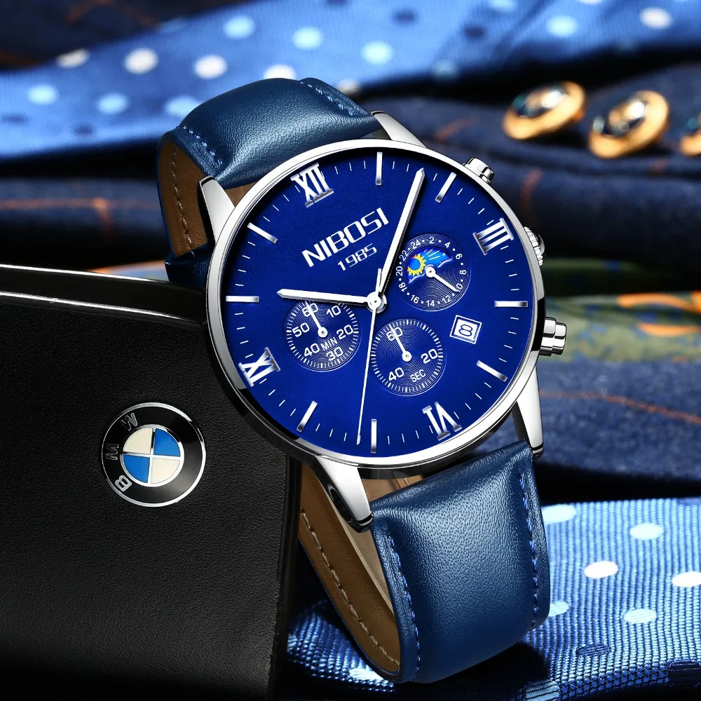 Montre Homme Marque De Luxe NIBOSI 2018 Men Watch Brand Luxury Leather Watch Men Waterproof With Moon Phase Blue Man Clock Saat  (9)