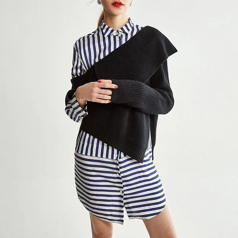 

[MENKAY] Striped Shirt Dress Two Piece Sets Female Long Sleeve Patchwork Dresses with Slash Neck Sweater Sets 2018 Autumn