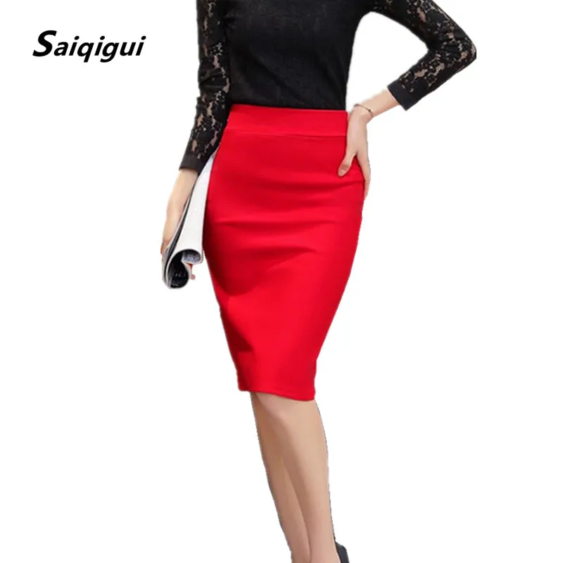 

Saiqigui Summer Autumn women skirts plus size high waist work slim feminine pencil skirt open fork sexy office lady skirts