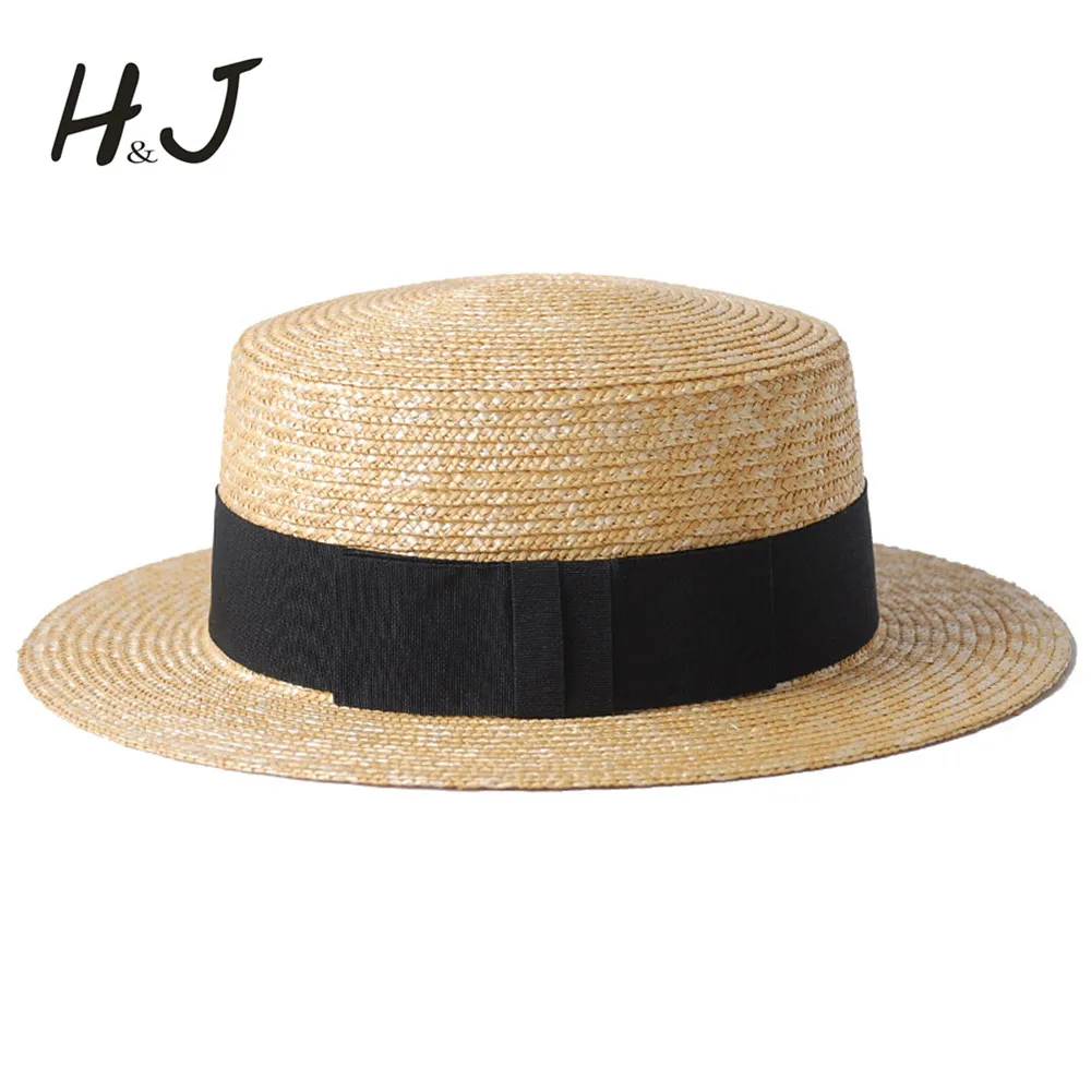 

100% Wheat Straw Summer Women Boater Beach Sun hat For Elegant Lady Queen Ribbon Round Flat Top Homburg Fedora Hat Good Package