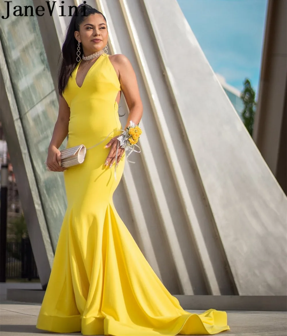 

JaneVini Simple Evening Dress Yellow Black Girls Mermaid Women Long Dress Evening Elegant Backless Sweep Train V-Neck Party Gown