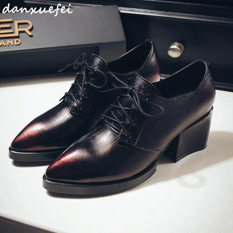 

2 Color plus size 33-43 women's genuine leather lace-up pumps med heel pointed toe female footwear high quality shoes for women