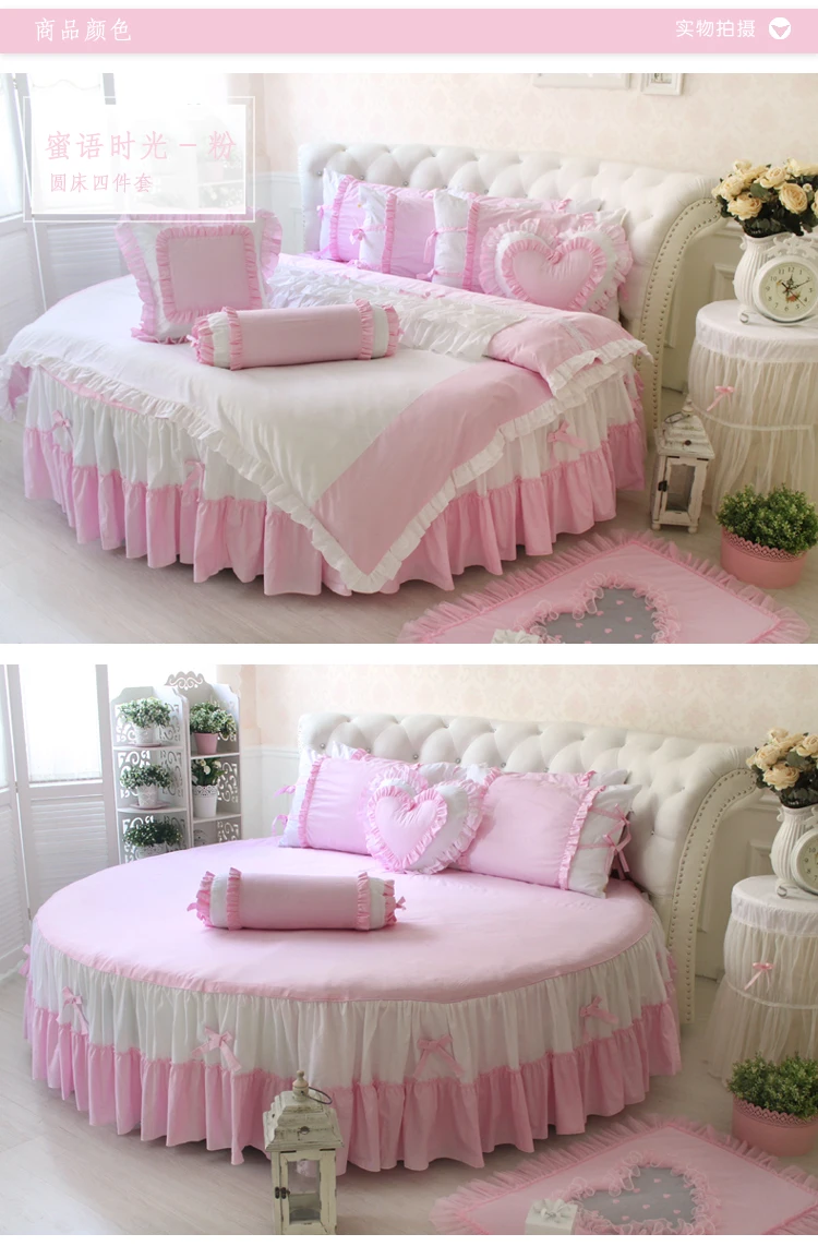 Top LACE ROUND Corner Bed Europe Orange color Flower Bedding sets Cotton Round Double Bed sheet Duvet cover Pillow case Bedskirt 95