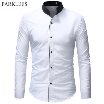 

Mens Mandarin Collar Shirt Fashion Slim Fit Male White Wedding Dress Shirts Casual Long Sleeve Plus Camisa Social Masculina XXXL