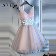 Это YiiYa розовые платья для выпускного вечера блестящие расшитые блестками с v-образным вырезом без рукавов трапециевидные вечерние платья мини-платье без рукавов SB002