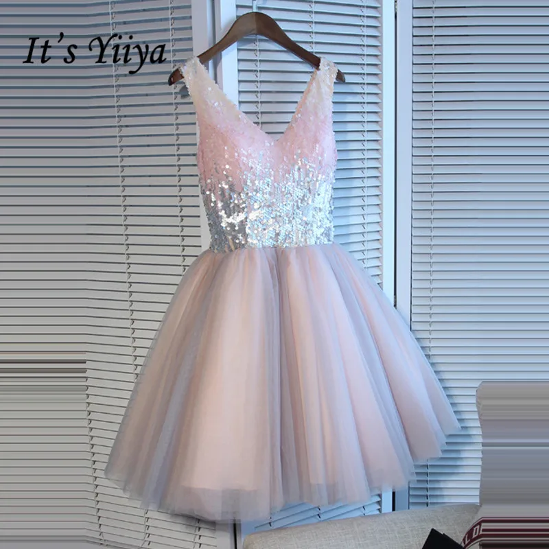 

It's YiiYa Pink Prom Dresses Shiny Sequined V-neck Sleevless A-line Party Gowns Sleeveless Mini Dress SB002