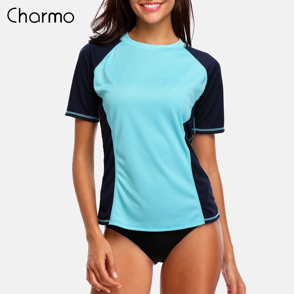 Charmo قصيرة الأكمام المرأة Rashguard الصلبة ملابس السباحة Colorblock ملابس السباحة تصفح أعلى تشغيل أعلى ركوب الدراجات قمصان طفح الحرس UPF 50 +