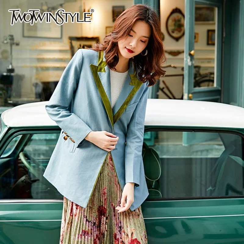 TWOTWINSTYLE Women Blazer Coat Female Hit Color Long