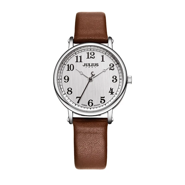 JULIUS бренд большой циферблат для женщин часы кварцевые кожа дамы браслет часы простые арабские цифры Модные женские наручные часы - Цвет: Brown watch