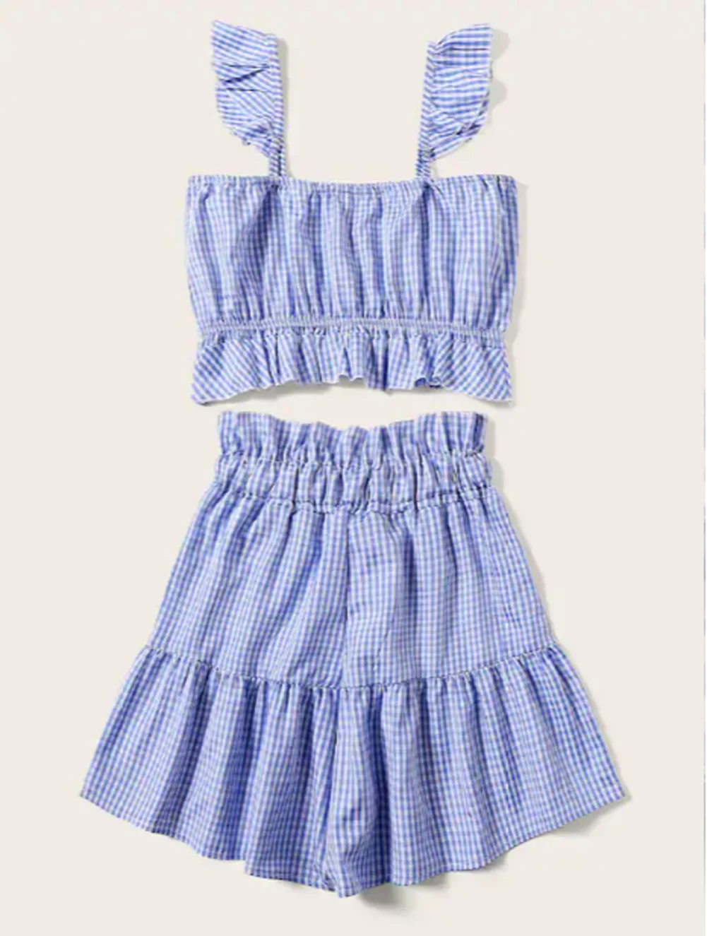 Модный женский клетчатый комплект из 2 предметов, шорты с оборками с открытыми плечами, укороченный топ+ пляжные юбки, летняя одежда в мелкую клетку