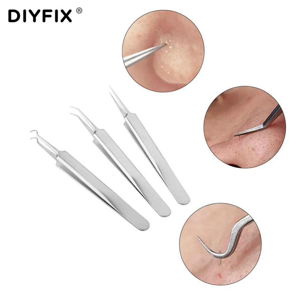 DIYFIX Acne Blackhead Tweezers Blackhead&Blemish Pimple Removers Point Bend Gib Head Comedone Extractor Face Skin Care Tools
