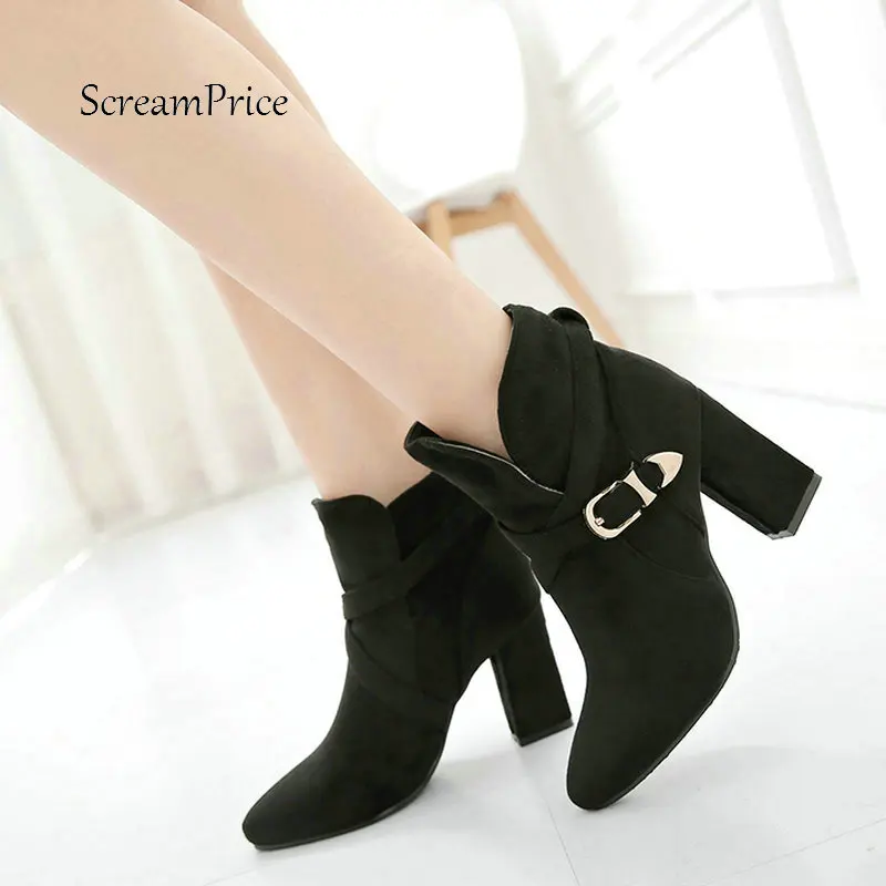 

Women Flock Thick High Heel Slip On Ankle Boots Fashion Buckle Warm Winter Shoes Black Green Wine Red Plus Size