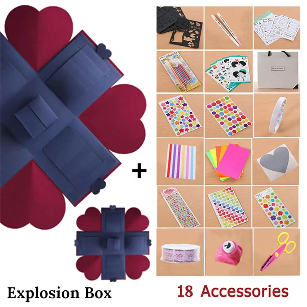 Свадебный подарок Взрывная коробка коробочка с сюрпризом креативные фото наклейки в альбом для свадьбы юбилей скрапбукинга подарок на день рождения сюрприз - Цвет: Navy Blue and Red