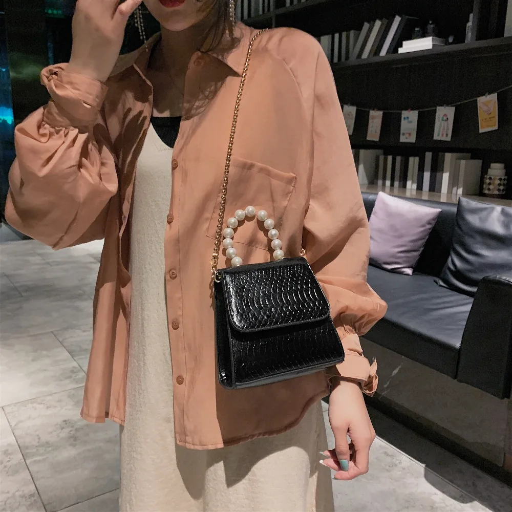  Crocodile Pattern Pu Leather Crossbody Bags For Women 2019 New Totes With Pearl Handle Mini Chain S - 33005757048