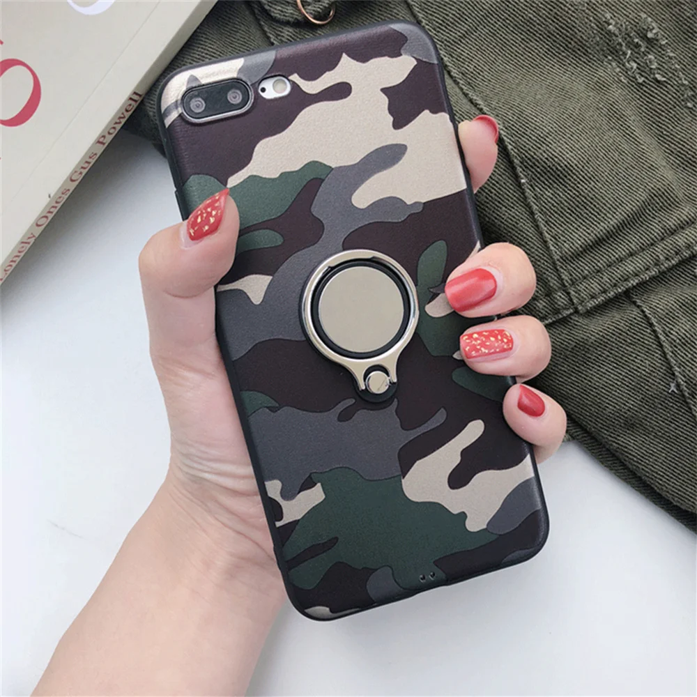

Retro Super Army Camo Camouflage Case For iphone 5 SE 6 6s 7 8 X Plus Luxury Case Metal 360 Finger Ring Holder Car Combo Cover