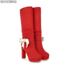 Новые зимние сапоги на высоком толстом каблуке женские зимние сапоги до колена г. женская свадебная обувь на платформе с круглым носком и бантом размеры 34-43