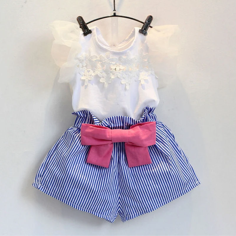 

Girls Suit New Arrival baby girl clothing white shirt top+striped pants suit kids summer clothes set children set 3-7 T