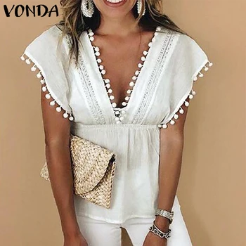 

VONDA Women Tunic Sleeveless Blouse 2020 Summer Sexy Deep V Neck Blouses Tassel Solid Shirt Elegant Ladies Top Blusas Plus Size