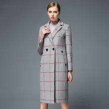 2016 Europe and America Fashion Elegant Winter Long Coat Women’s Plaid Casual Double Breasted Wool Jacket Coat Cashmere Overcoat