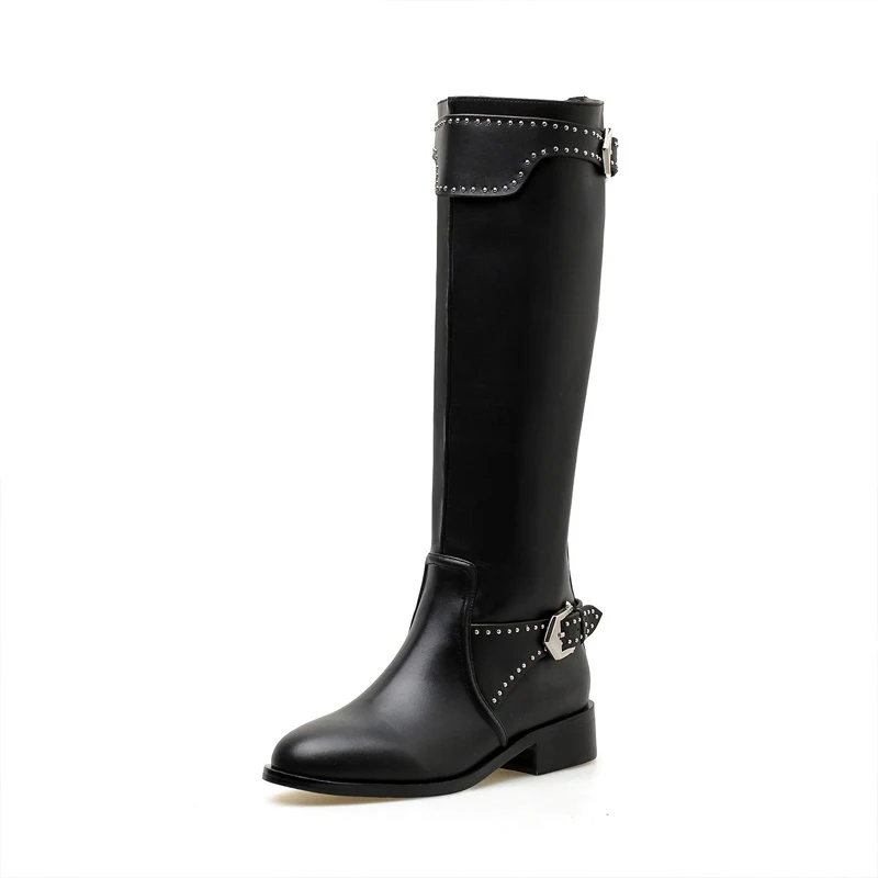 Genou Bottes Ceinture Long Silla Bas Haute Rond Dirigeants En Véritable Talons black Short Cuir Boucle Moto Chevalerie Métal Bout Femmes De Black 35uKJF1Tlc