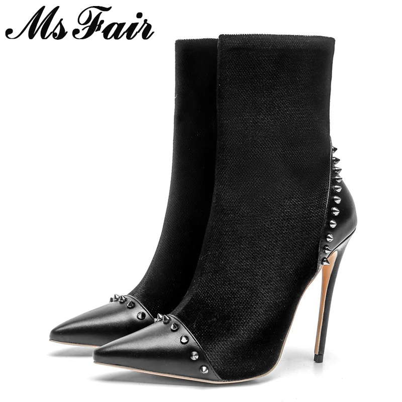 

MSFAIR Women Boots Fashion Pointed Toe High Heel Ankle Boots Women Shoes Zipper Rivet Stiletto heel Black Boot Shoes For Girl