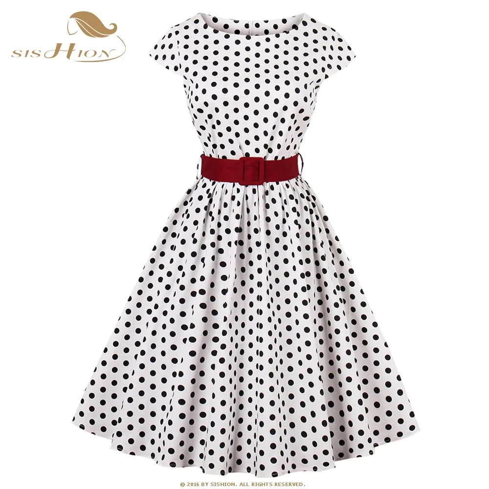 

Polka Dot Dress SISHION Cap Sleeve White Black Dot Plus Size Women Dresses 50s 60s Big Swing Retro Vintage Summer Dress VD0677